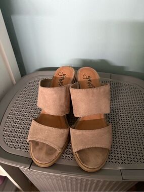 Y-Not? Suede Double-Band Slide Heels in Beige